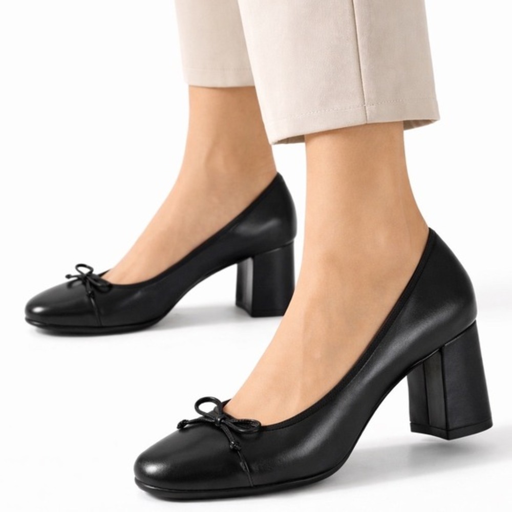 Aerosoles Heel-Rest Black Leather Bow Block Heel Pumps Shoes 11M Academia 41-07